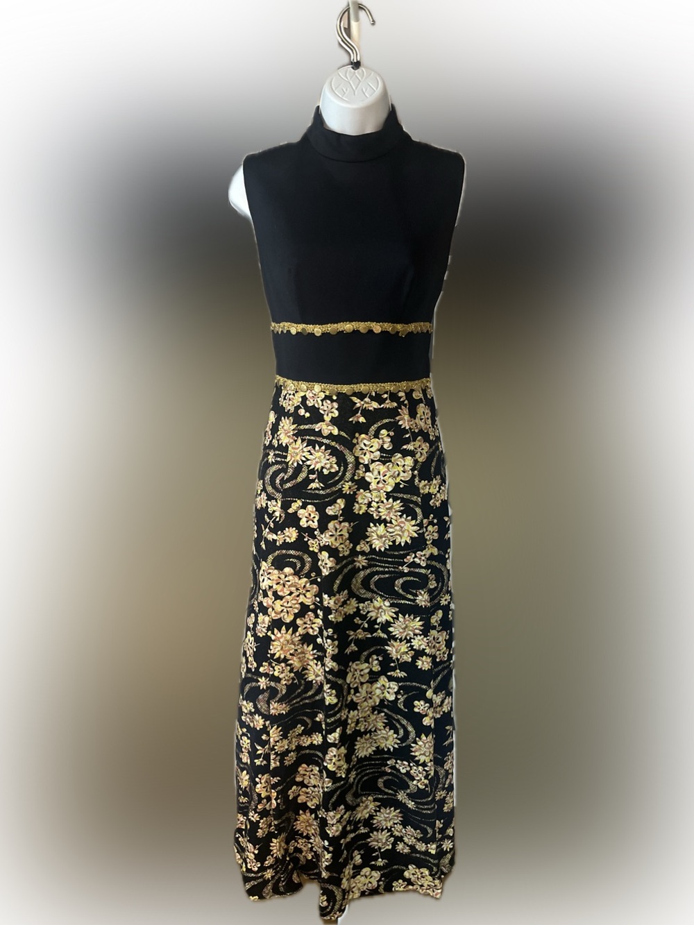 Vintage 1960s/70s Black and Gold Velvet Hostess Sleeveless Maxi Dress